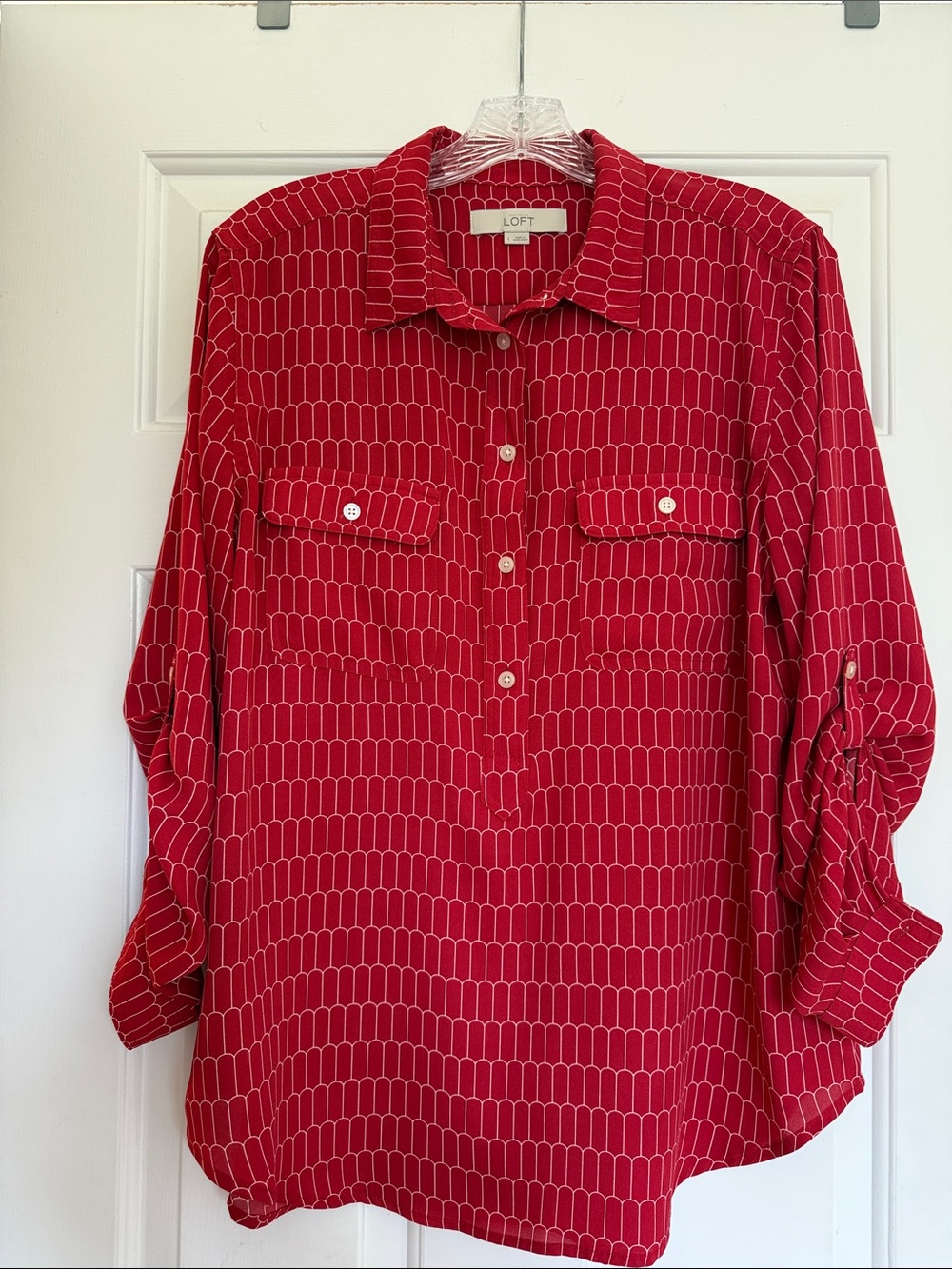 LOFT Red Geometric Button-Front Tunic Blouse